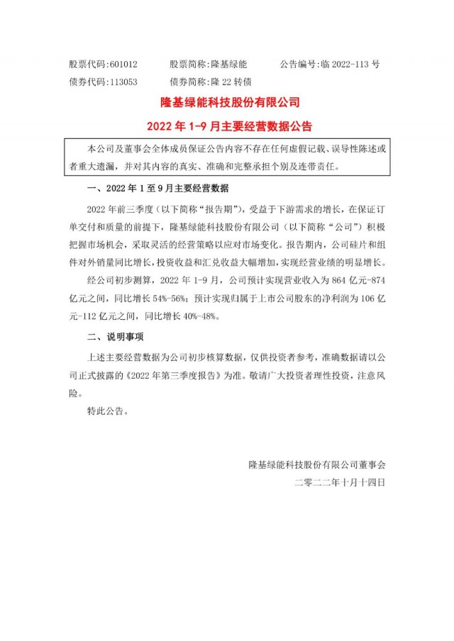 隆基綠能：營(yíng)收或超864億，預(yù)計(jì)前三季凈利或在106億元-112億元之間
