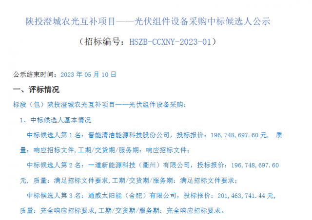 最低1.61元/W！這些企業(yè)擬中標(biāo)陜投澄城農(nóng)光互補項目組件采購